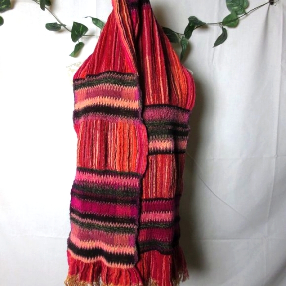 OM Boho Orange Pink Gold Black Eclectic Stripes Warm Wool Blend Fringe Scarf - Picture 3 of 7